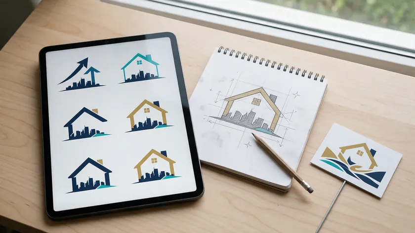 Tablet showing six AI-generated real estate logo ideas beside a pencil sketch and a yard sign mockup.