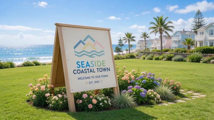 Coastal yard sign with a wave and roofline mark, a local real estate logo idea for a seaside market.