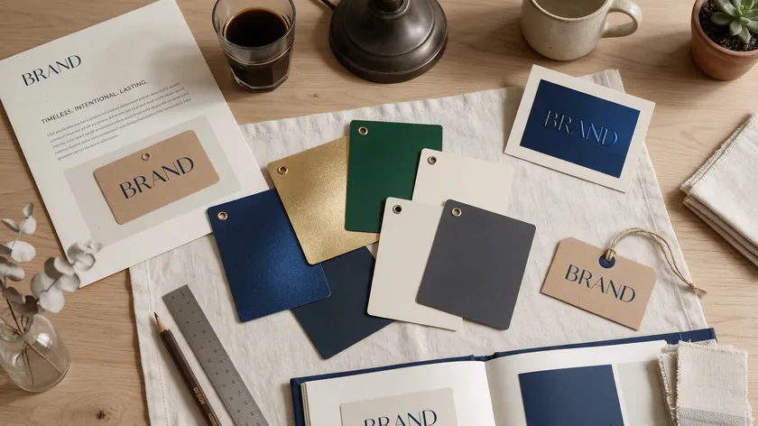 Color swatches in navy, gold, green and cream beside printed mockups for real estate logo ideas.