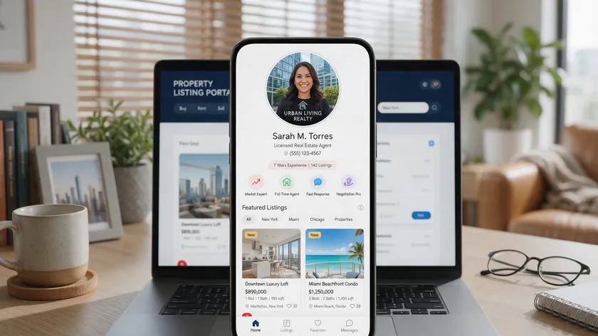 Smartphone showing an agent's listing profile with a circular logo, illustrating why real estate logo ideas matter online.