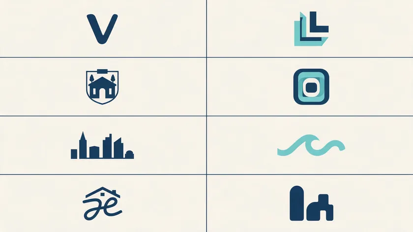 Grid of eight simple real estate logo ideas including a wordmark, monogram, crest, skyline and wave mark in navy and teal.