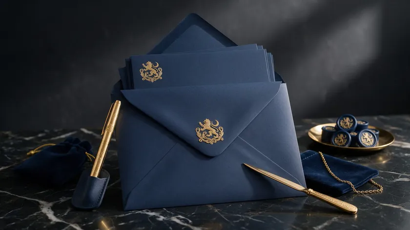 Navy and gold embossed stationery with a refined crest on dark marble, a luxury real estate logo idea.