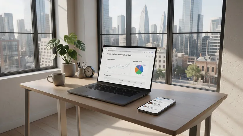 Agent's desk with a laptop, browser favicon and phone avatar showing a modern real estate logo idea in a city office.