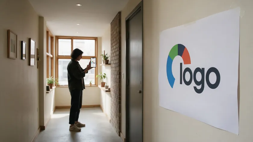 Person standing back from a printed logo taped to a hallway wall to test a real estate logo idea at distance.