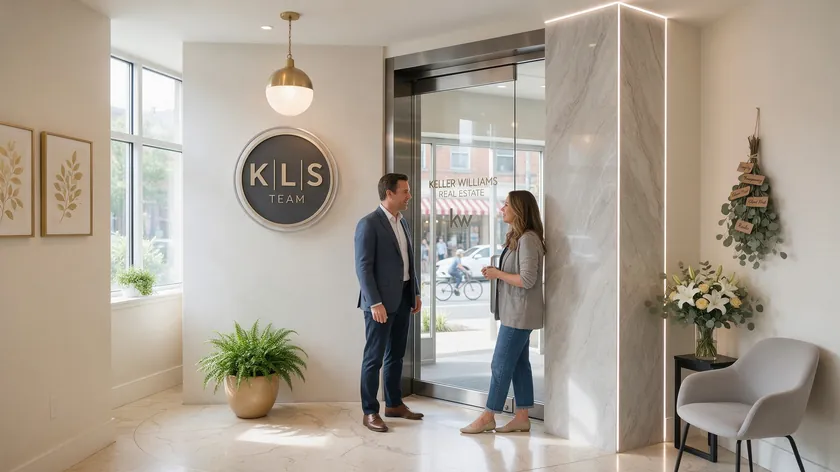 Boutique brokerage entrance with a circular team monogram on the wall, a real estate logo idea for small teams.